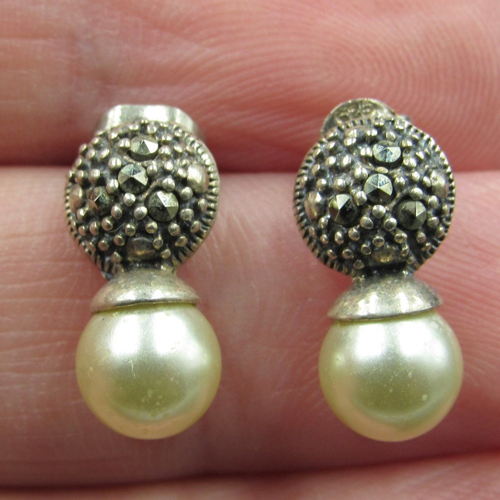 Silver Marcasite and Cream Pearl Drop Earrings